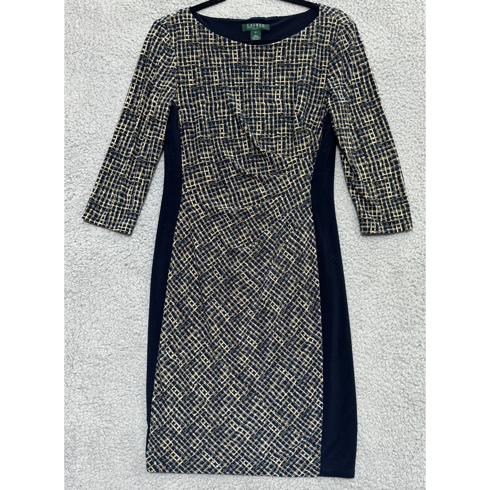 Ralph Lauren Side Ruched Bodycon Dress 3/4 Sleeve Stretch Womens Size 8